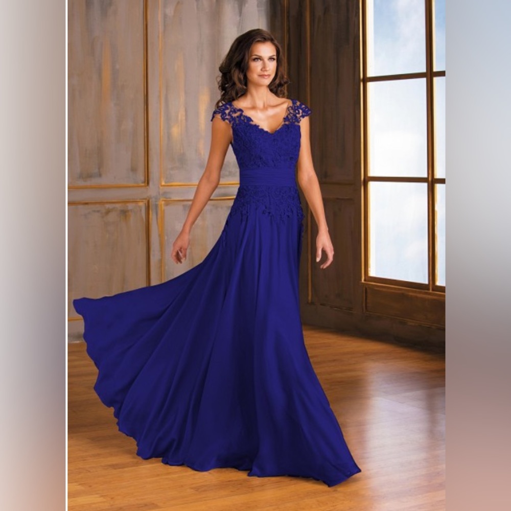 Jasmine Long V-Neck Chiffon & Lace MOB Dress